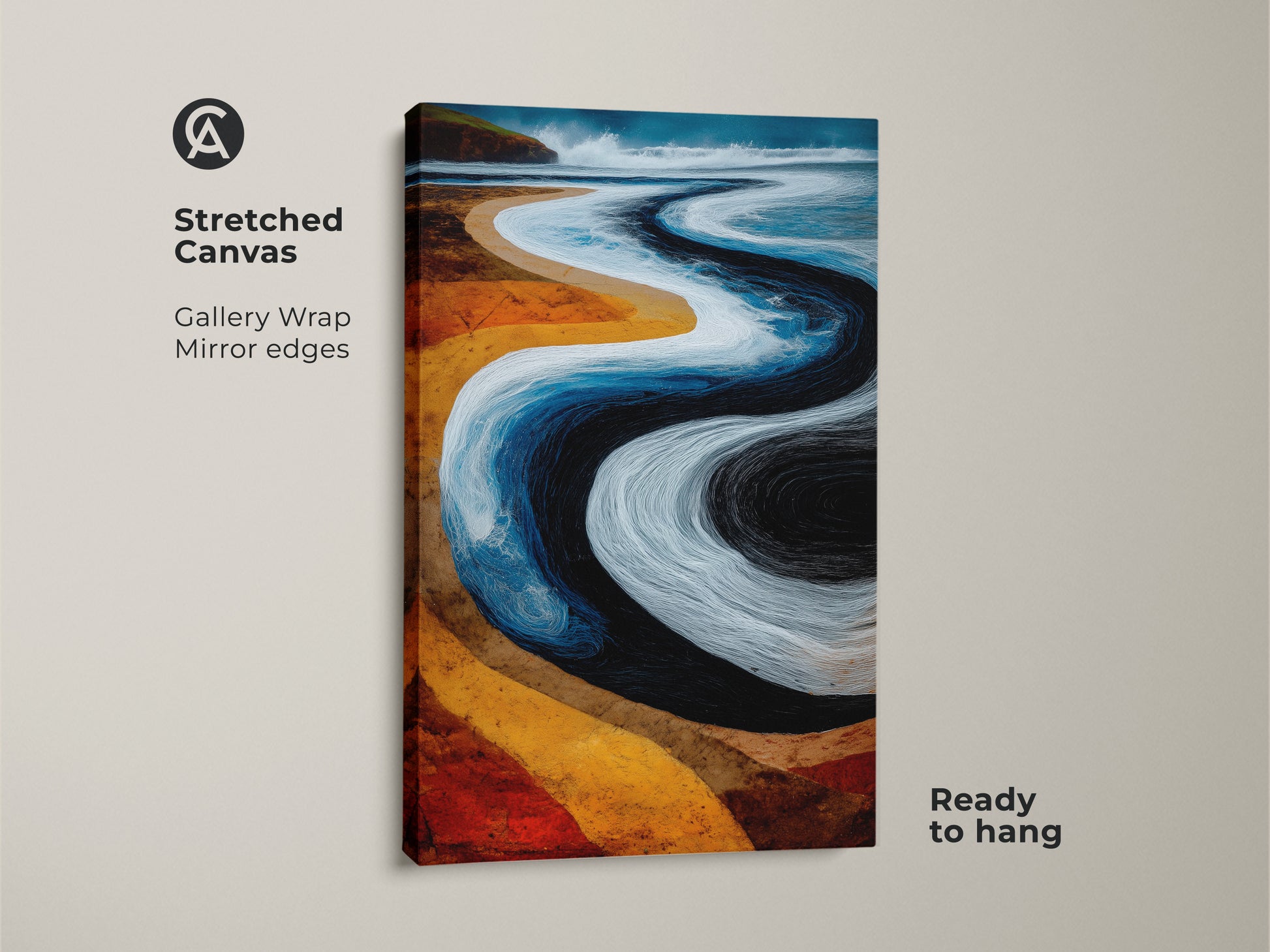 Stretched canvas of abstract ocean wave artwork. The gallery wrap features mirror edges. Ready to hang for coastal living room wall art. A boho bedroom decor art in blue and orange beach landscape.