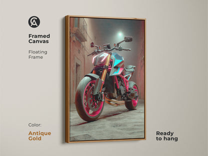 The Framed Canvas shows a Cyberpunk Motorcycle with a antique gold floating frame. This urban street art print is ready to hang. Consider as a unique birthday gift art with red pink and teal colors. Great for office motorcycle decor.