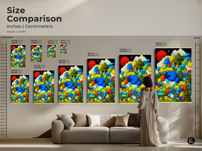 A framed version of whimsical houses art print hanging on a wall. Blue green yellow abstract landscape features nature-inspired artwork. This piece of eclectic decor adds a unique touch to any room. It is a perfect gift.