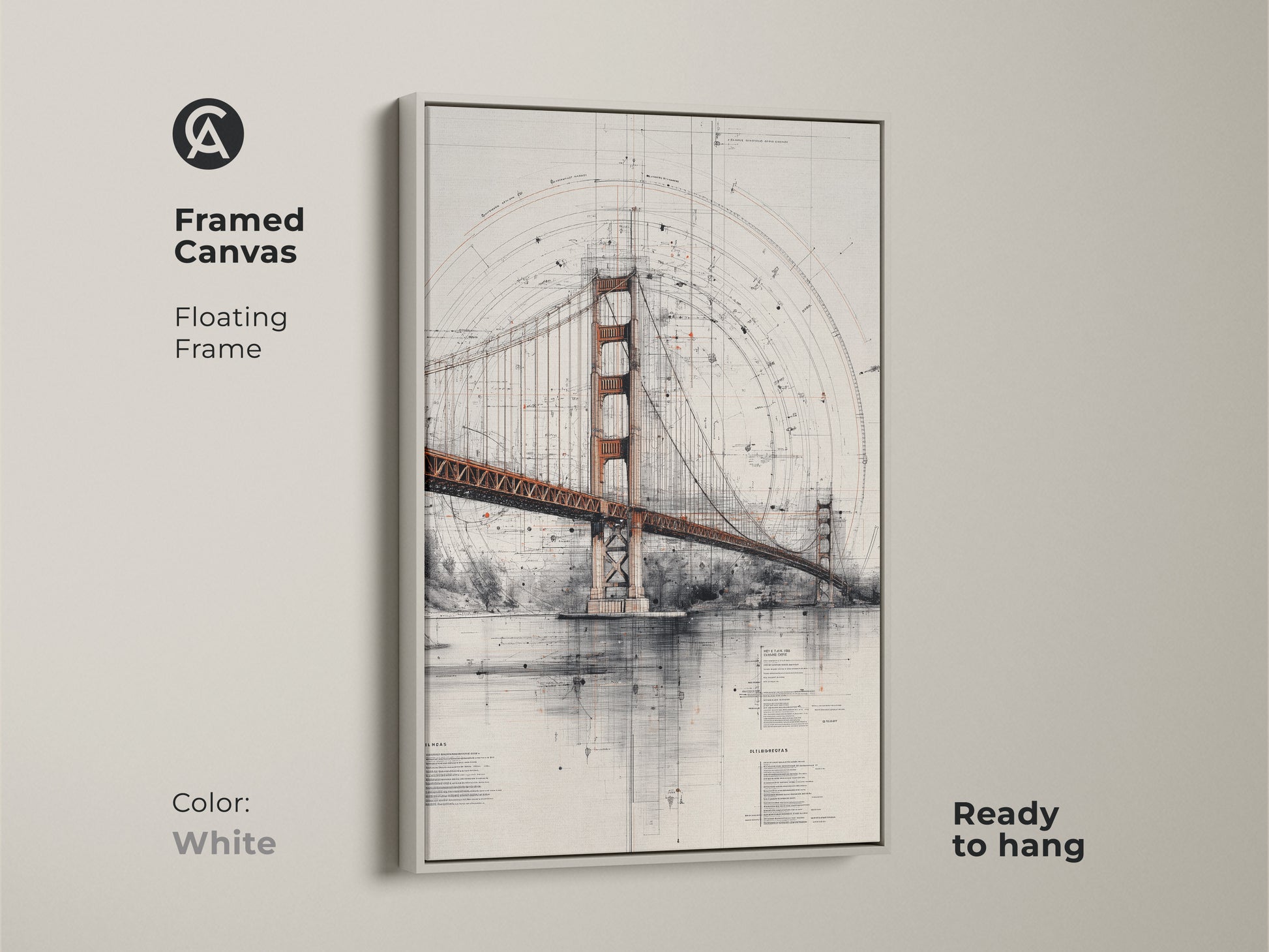 Framed canvas of the Golden Gate Bridge blueprint art in a white floating frame. This architectural technical drawing wall art is ready to hang. The artwork combines architectural detail with a palette of orange red and gray. A great engineering gift.