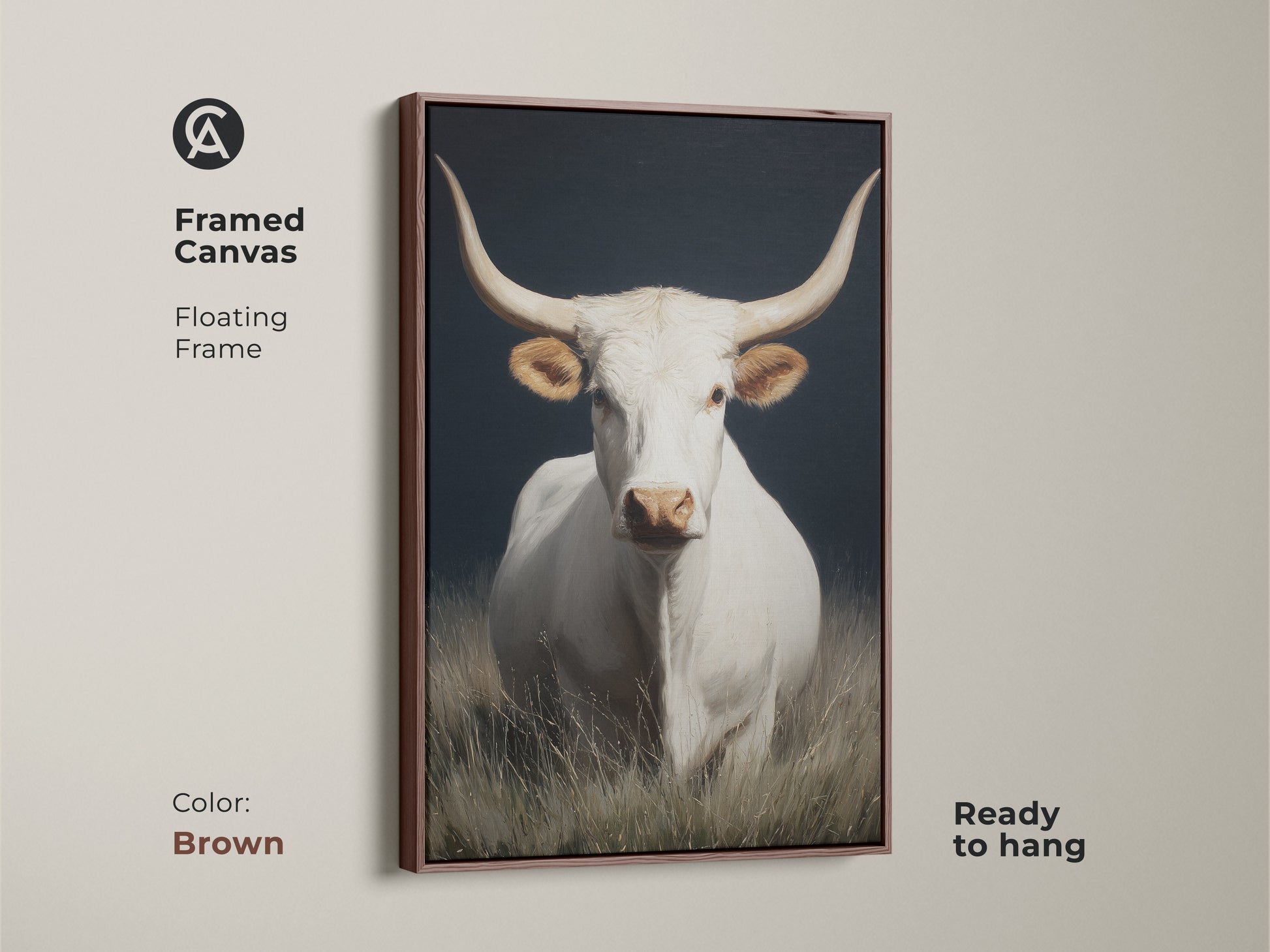 Framed canvas featuring white longhorn cow art. A brown floating frame complements the piece. This farmhouse rustic wall art is ready to hang. It's western animal canvas art for rustic homes. The livestock herd decor adds charm. A realistic cow portrait set against a dark background.