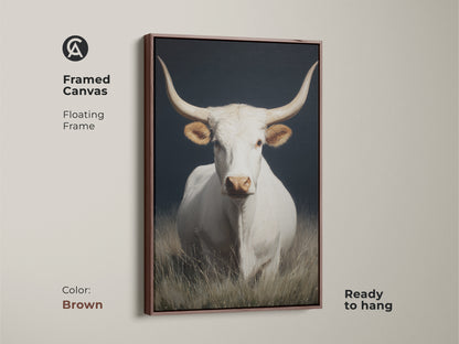 Framed canvas featuring white longhorn cow art. A brown floating frame complements the piece. This farmhouse rustic wall art is ready to hang. It's western animal canvas art for rustic homes. The livestock herd decor adds charm. A realistic cow portrait set against a dark background.