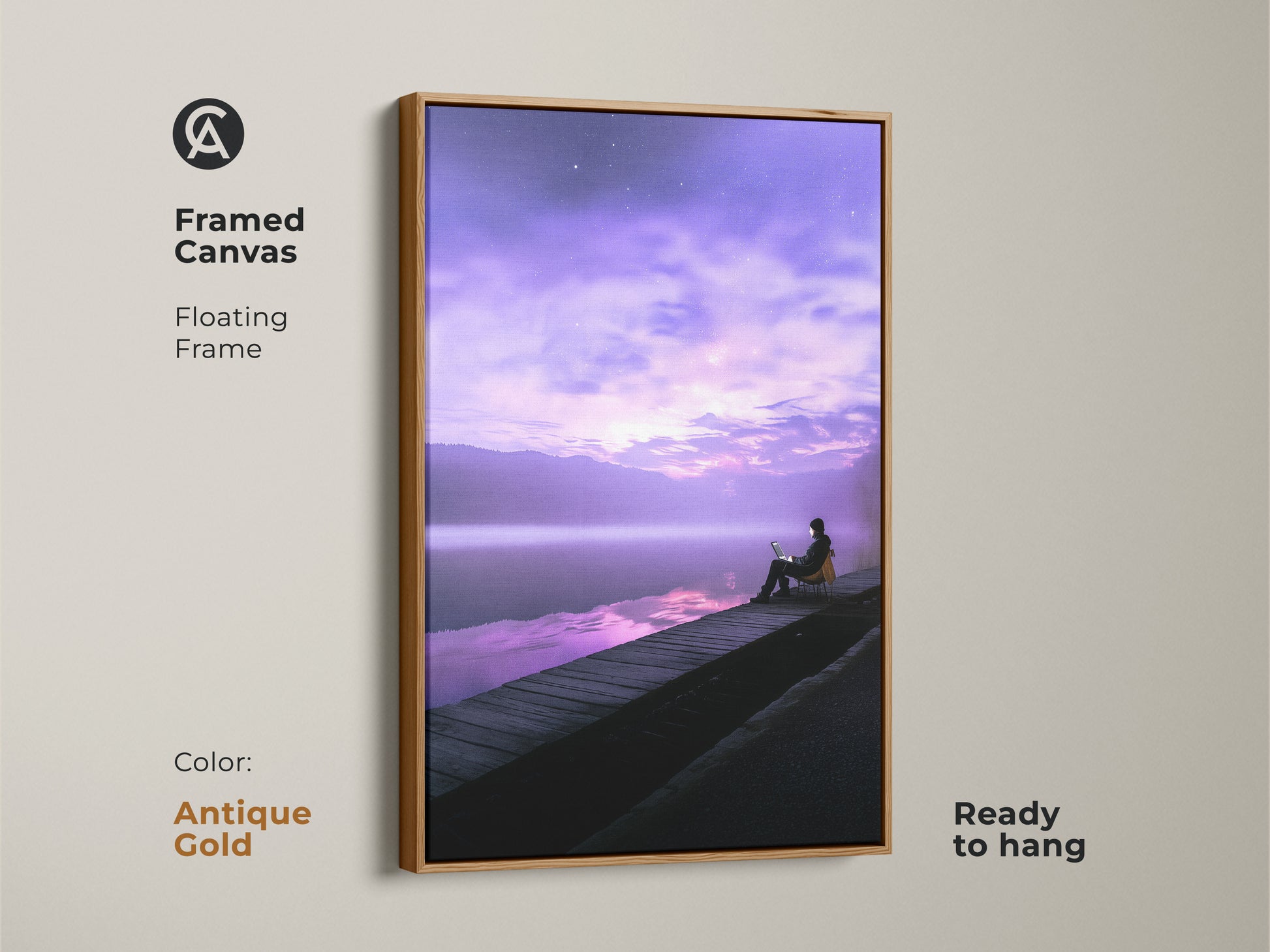 Framed canvas art featuring a person working on a laptop. It has a dreamy dock scene with a floating frame in antique gold. The violet skyscape wall art adds a touch of fantasy. This modern landscape piece is ready to hang. Ideal for a study room.