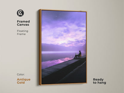 Framed canvas art featuring a person working on a laptop. It has a dreamy dock scene with a floating frame in antique gold. The violet skyscape wall art adds a touch of fantasy. This modern landscape piece is ready to hang. Ideal for a study room.