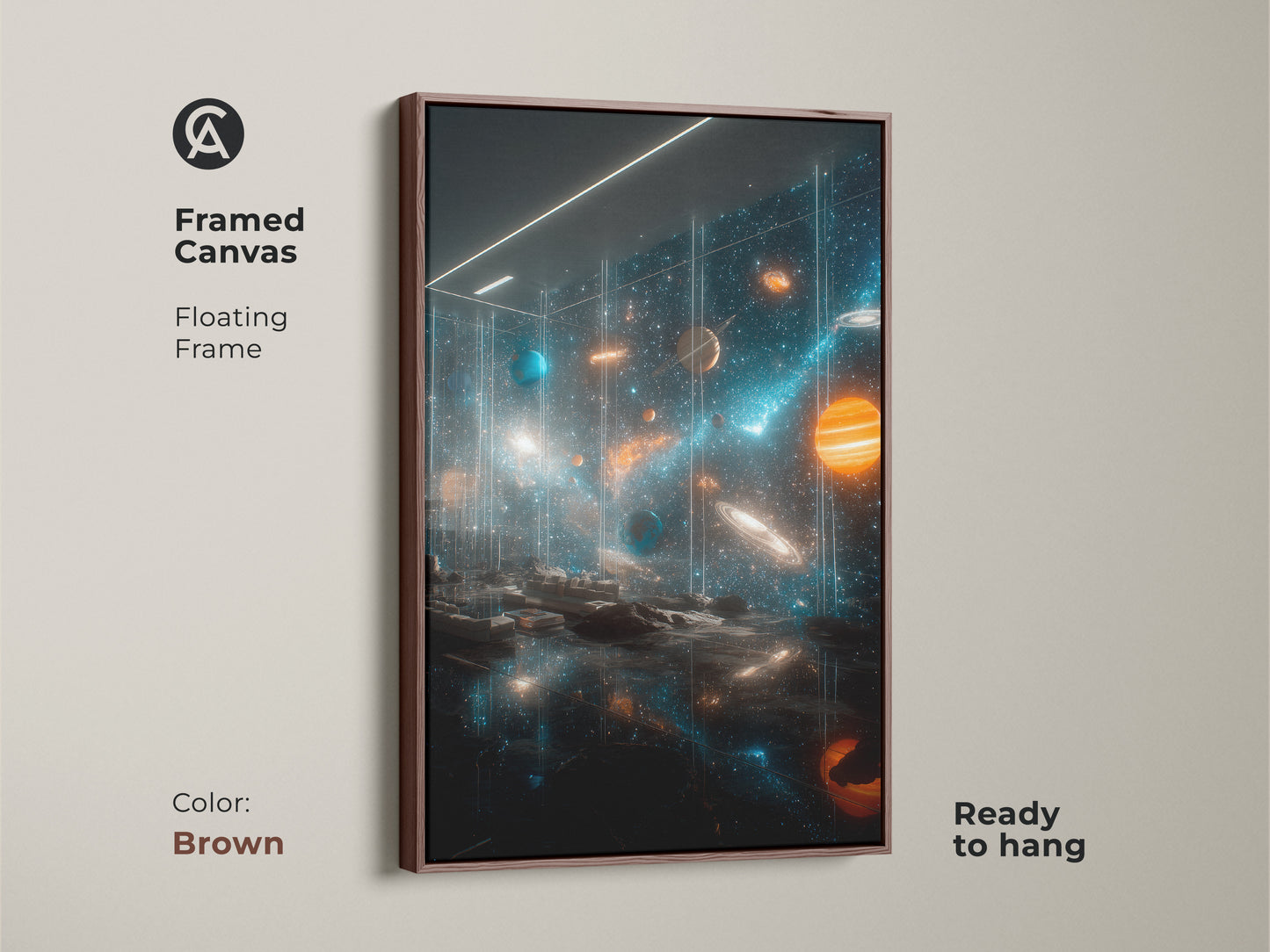 Brown framed canvas print of space art. This vibrant solar system artwork features planets stars and cosmic dust. The floating frame adds a touch of warmth. Ready to hang this canvas print will enhance any room's decor for space lovers.