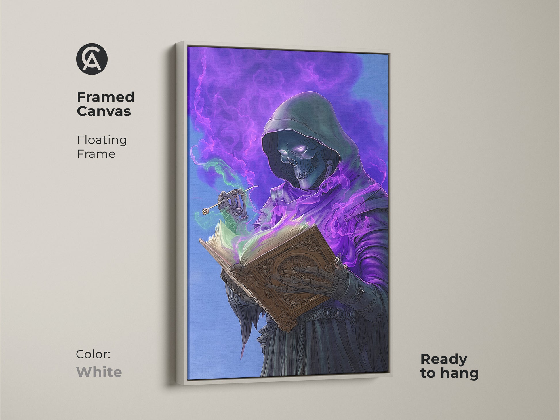 Framed canvas art of a skeleton wizard reading a spellbook. This dark fantasy art features a gothic wizard surrounded by purple magic. A white floating frame enhances this piece. It brings an enchanting feel to any space.