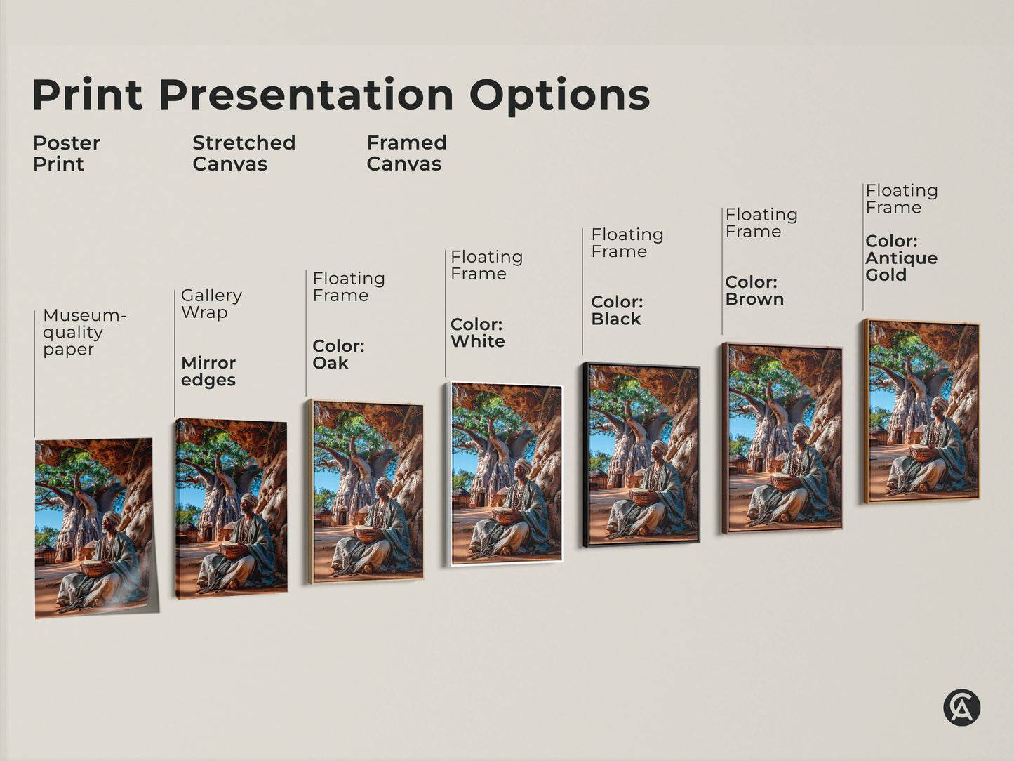 Explore print presentation options with poster print stretched canvas and framed canvas. View an African man drumming under a baobab tree in gallery wrap and floating frame styles. Select from oak white black brown and antique gold frames for your cultural art.