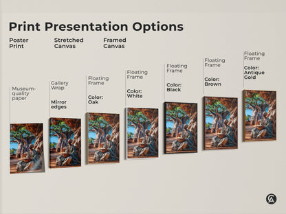 Explore print presentation options with poster print stretched canvas and framed canvas. View an African man drumming under a baobab tree in gallery wrap and floating frame styles. Select from oak white black brown and antique gold frames for your cultural art.
