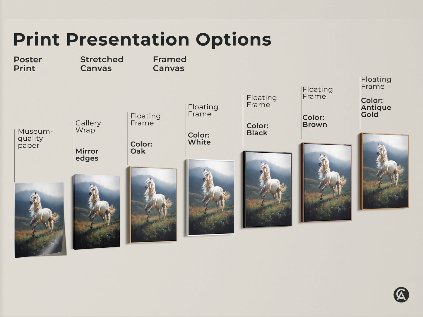 Explore print presentation options for white horse canvas art. Choose from poster prints stretched canvas and framed canvas. Museum-quality paper and mirror edges ensure top quality. Floating frames available in white black brown oak and antique gold.