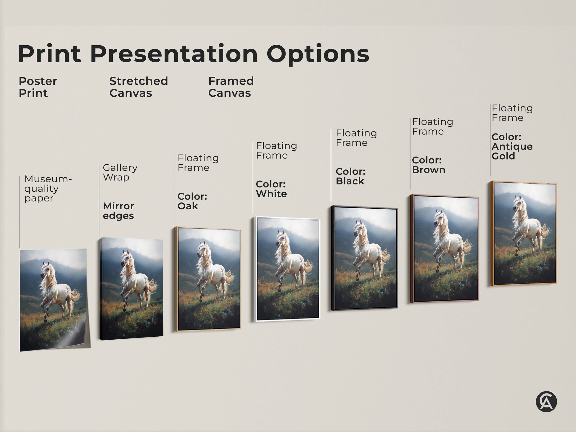 Explore print presentation options for white horse canvas art. Choose from poster prints stretched canvas and framed canvas. Museum-quality paper and mirror edges ensure top quality. Floating frames available in white black brown oak and antique gold.