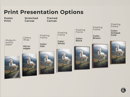 Explore print presentation options for white horse canvas art. Choose from poster prints stretched canvas and framed canvas. Museum-quality paper and mirror edges ensure top quality. Floating frames available in white black brown oak and antique gold.