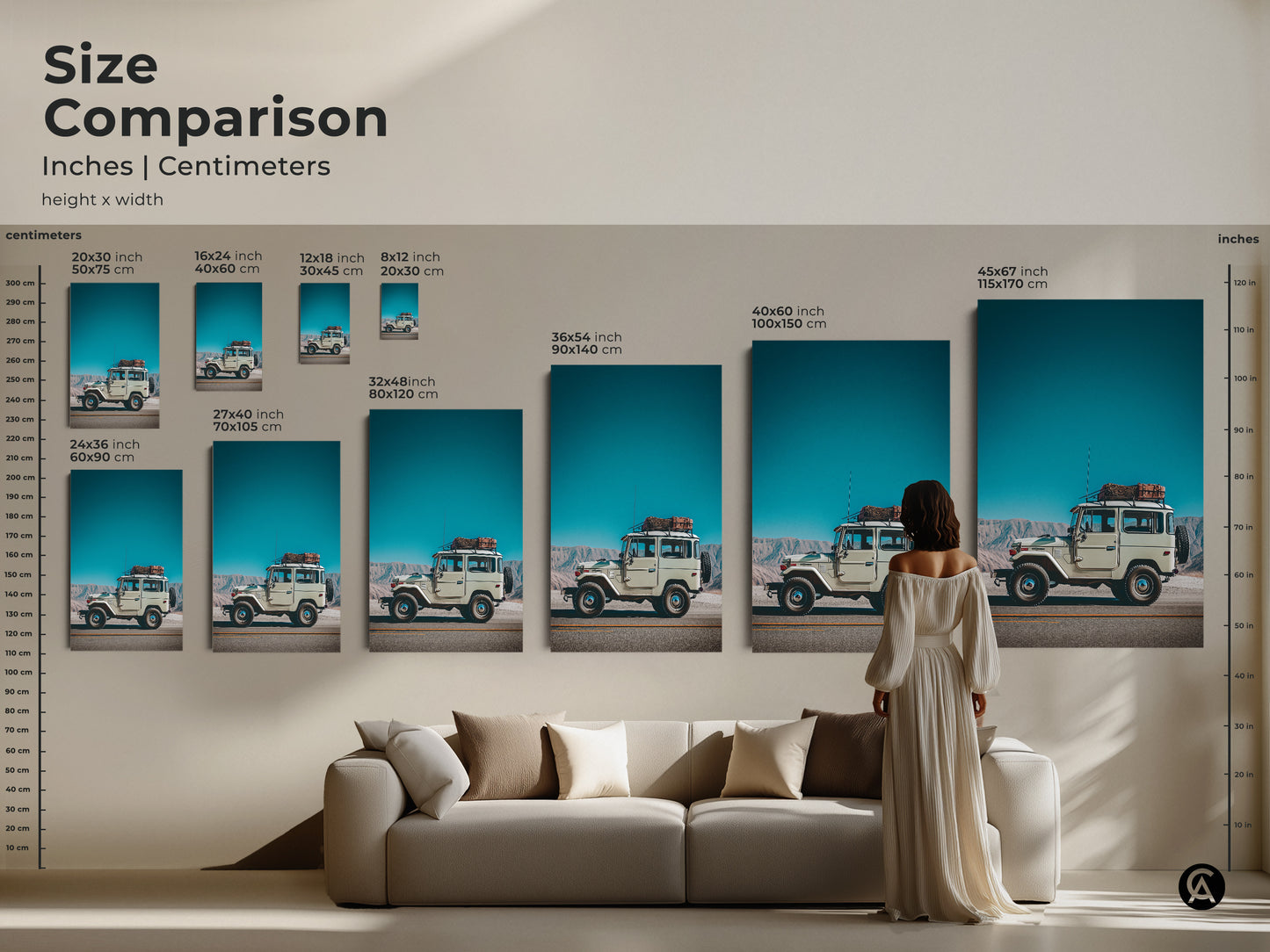 Size comparison featuring the vintage SUV art in inches and centimeters. Retro mountain landscape canvas displayed above a couch. Teal sky blue adventure photography for home or office decor.