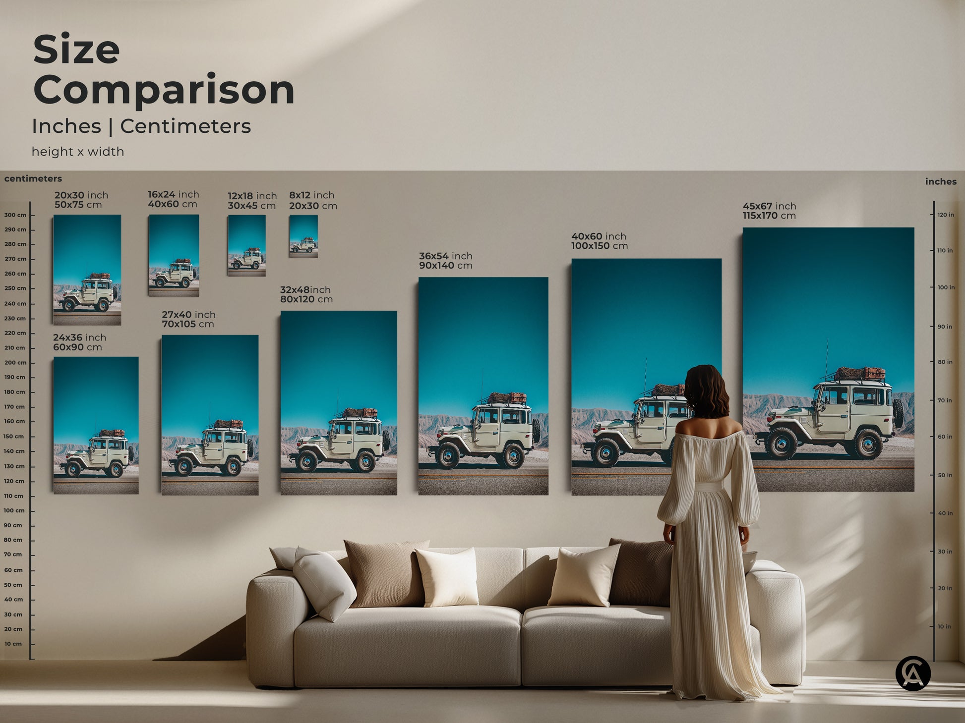 Size comparison featuring the vintage SUV art in inches and centimeters. Retro mountain landscape canvas displayed above a couch. Teal sky blue adventure photography for home or office decor.