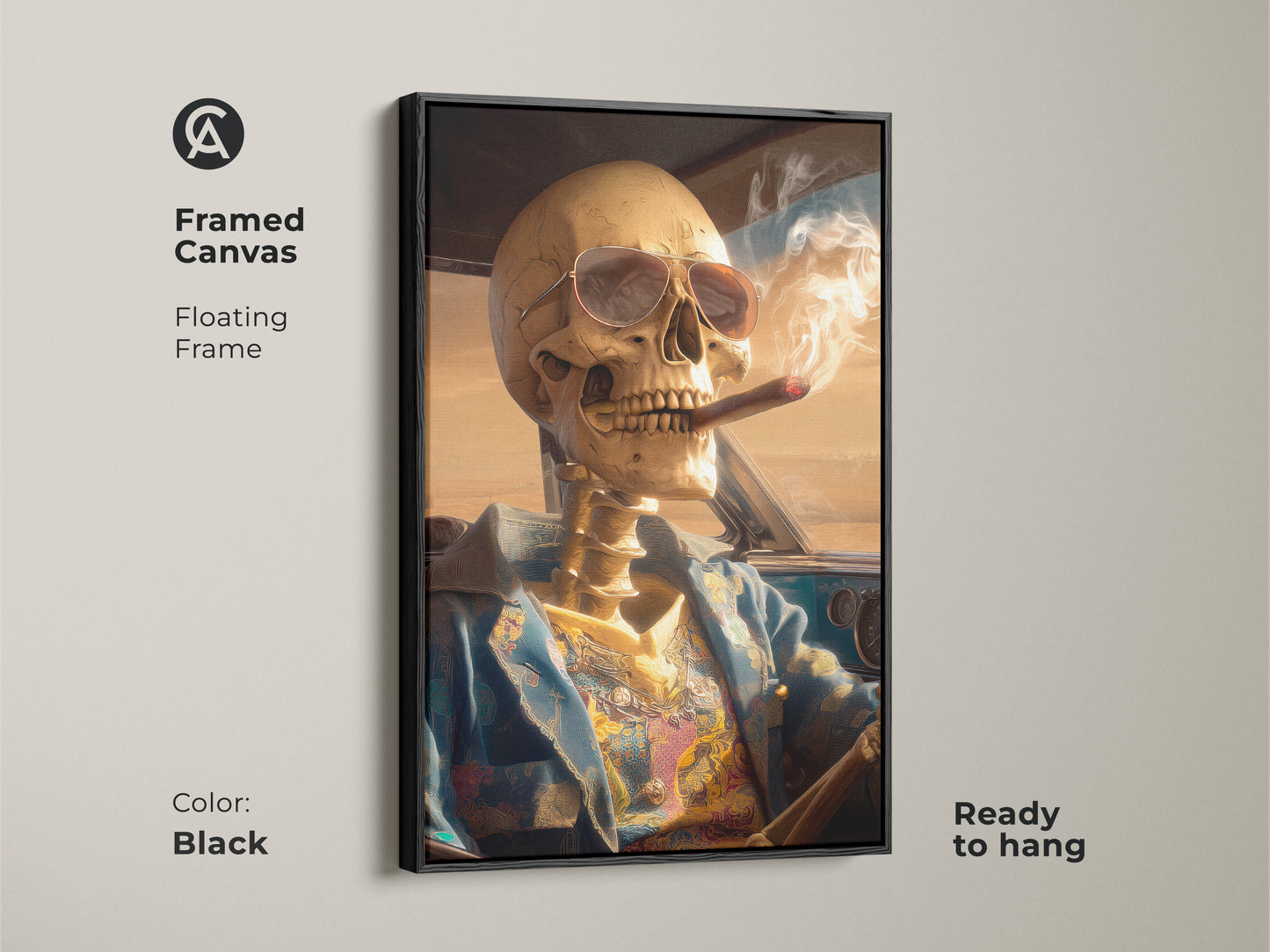 Framed canvas art of a skeleton driving a car. The frame is a floating frame and the color is black. The skeleton is wearing sunglasses and smoking a cigar. Ready to hang this artwork is a cool addition to any home. This framed canvas is a must-have.