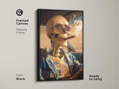 Framed canvas art of a skeleton driving a car. The frame is a floating frame and the color is black. The skeleton is wearing sunglasses and smoking a cigar. Ready to hang this artwork is a cool addition to any home. This framed canvas is a must-have.