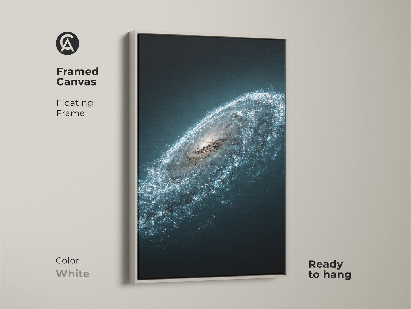 Framed Canvas presenting the Andromeda galaxy in a white floating frame. Modern deep space blue wall art ready to hang. Starry white nebula print a celestial home decor gift.