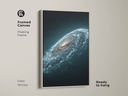 Framed Canvas presenting the Andromeda galaxy in a white floating frame. Modern deep space blue wall art ready to hang. Starry white nebula print a celestial home decor gift.