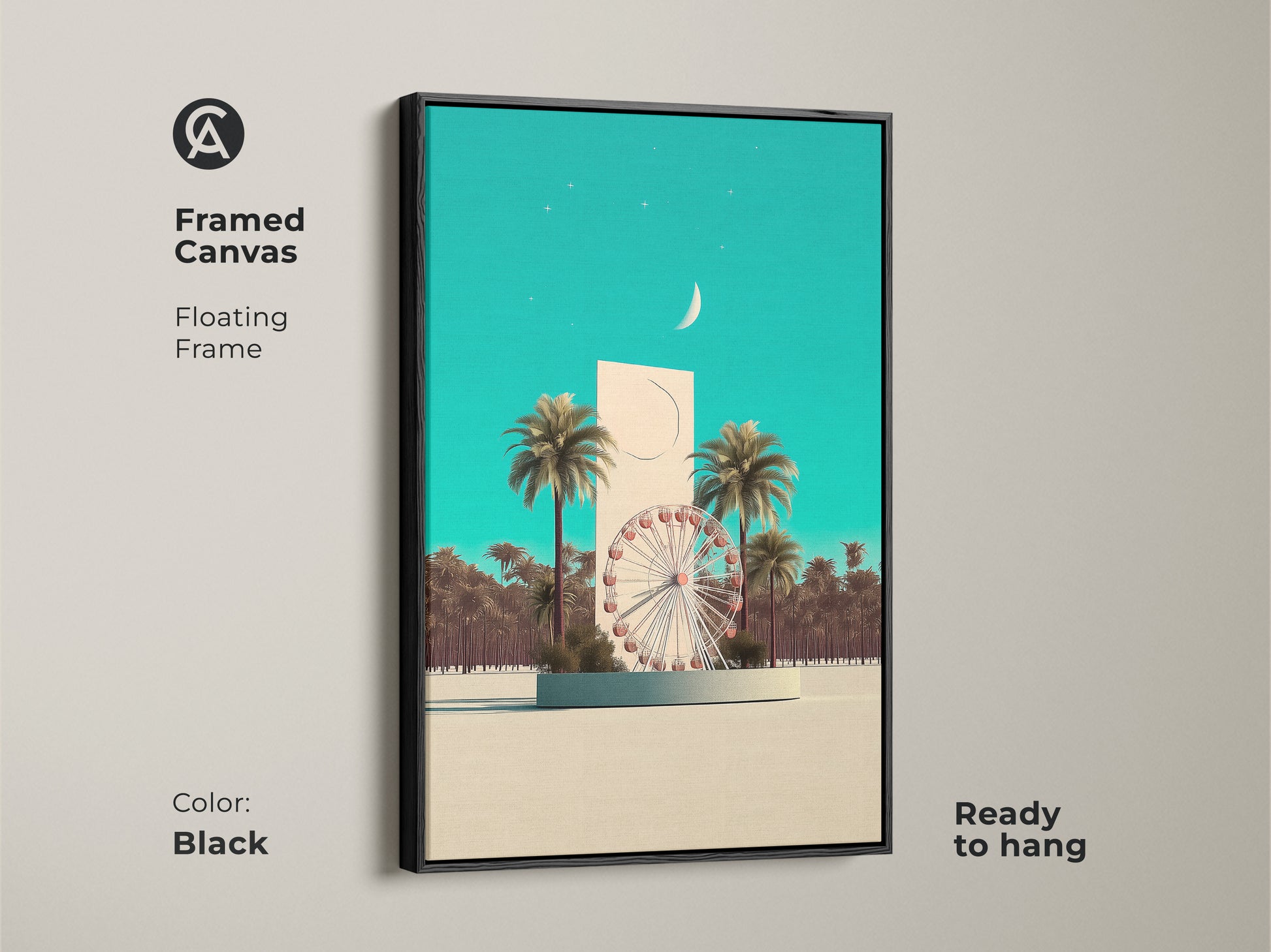 Framed canvas art in black. Features a surreal Ferris wheel with palm trees. Teal and beige colors complement each other. Ready to hang for easy setup. Contemporary entry hall art.