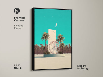 Framed canvas art in black. Features a surreal Ferris wheel with palm trees. Teal and beige colors complement each other. Ready to hang for easy setup. Contemporary entry hall art.