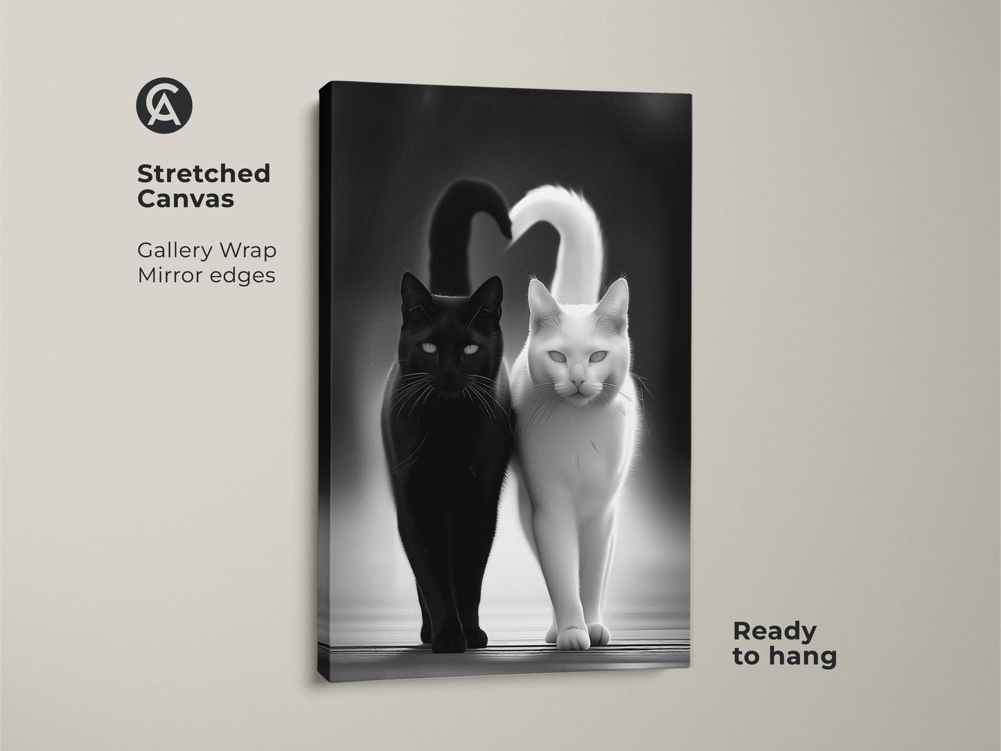 This is a Stretched Canvas. Gallery Wrap features mirror edges. It's a minimalist cat wall art print. The black and white cats create a modern animal artwork. It is ready to hang. The contemporary pet decor enhances any room. This monochrome cat poster is ideal for cat lovers.