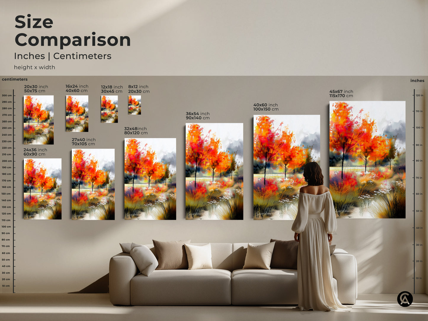 Size comparison of autumn landscape artwork in inches and centimeters. See how different sizes fit in a living room setting. Choose from various sizes to create a stunning focal point. Explore canvas and poster prints.