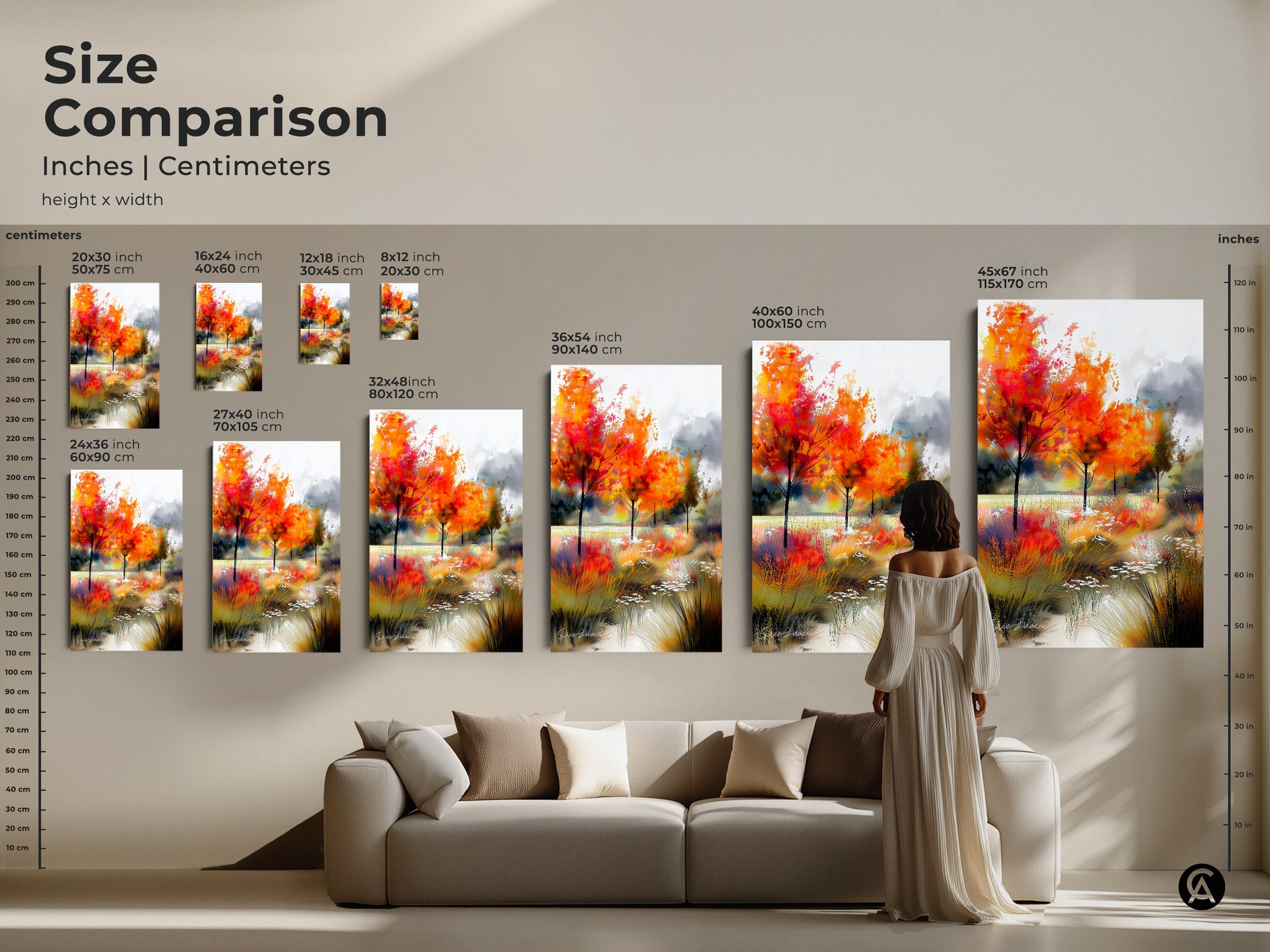 Size comparison of autumn landscape artwork in inches and centimeters. See how different sizes fit in a living room setting. Choose from various sizes to create a stunning focal point. Explore canvas and poster prints.