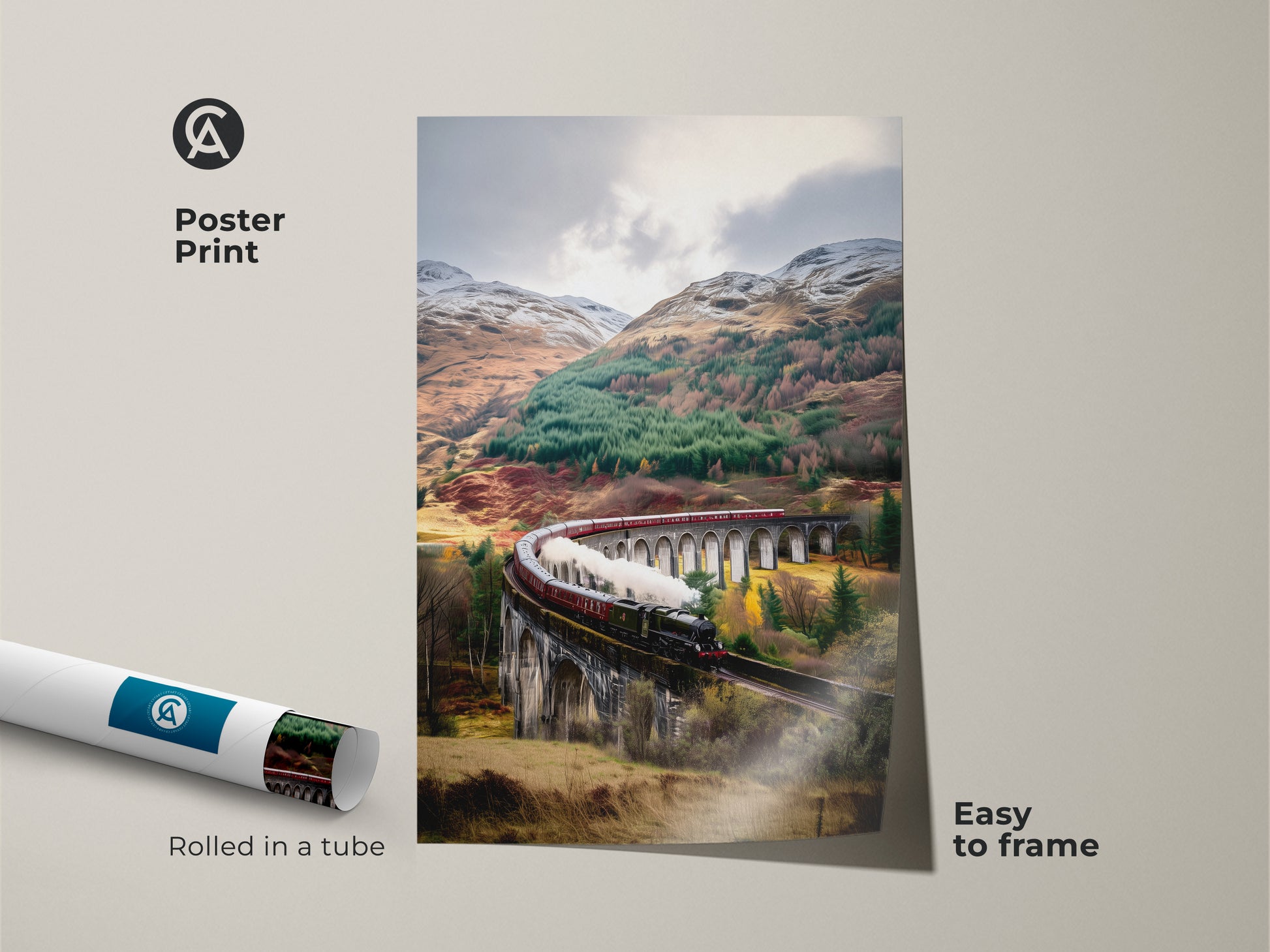 This vintage train print is easy to frame and displays scenic autumn landscape. The poster print features a steam train crossing a viaduct. Showcasing earthy browns and forest greens this traditional train artwork is a great travel gift for train enthusiasts rolled in a tube.