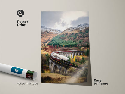 This vintage train print is easy to frame and displays scenic autumn landscape. The poster print features a steam train crossing a viaduct. Showcasing earthy browns and forest greens this traditional train artwork is a great travel gift for train enthusiasts rolled in a tube.