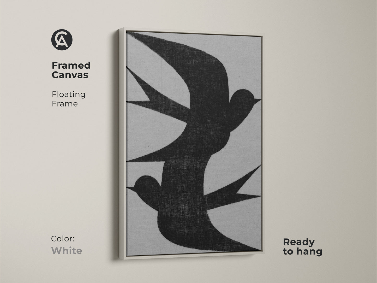 Framed canvas of minimalist wall art featuring an abstract black swallow flock. The floating frame color is white. This modern grey nature decor is ready to hang. Its neutral design makes it perfect as minimalist bedroom wall art. This monochrome canvas print is a great housewarming gift.