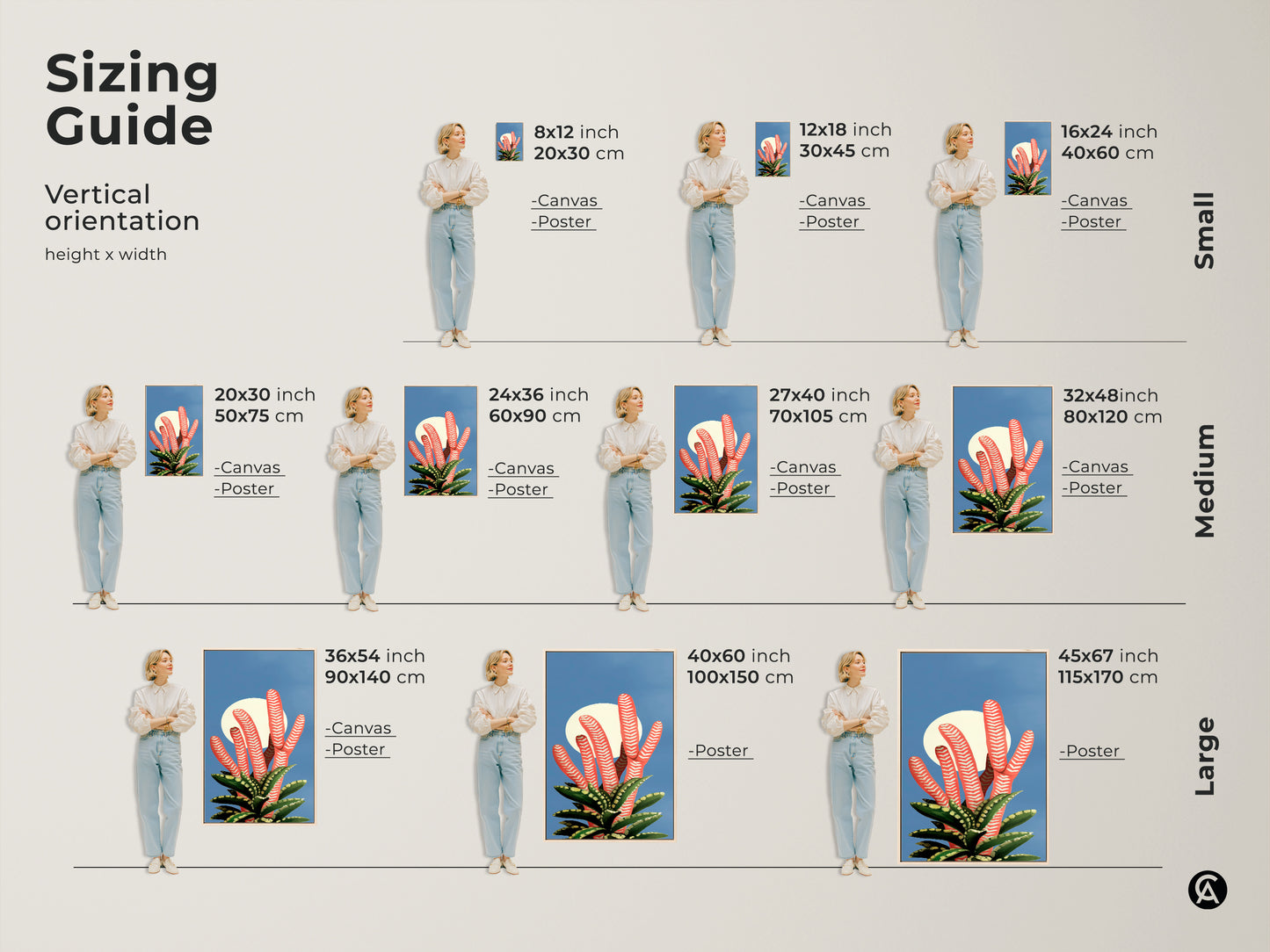 Sizing Guide for Vertical Botanical Art. Find the perfect fit for your space. See canvas and poster options in various sizes from small to large. Visualize how each piece enhances your decor. Sizes range from 8x12 inches to 45x67 inches.