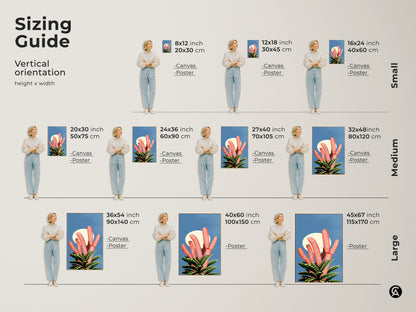 Sizing Guide for Vertical Botanical Art. Find the perfect fit for your space. See canvas and poster options in various sizes from small to large. Visualize how each piece enhances your decor. Sizes range from 8x12 inches to 45x67 inches.