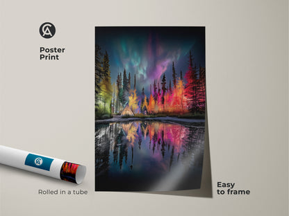 This Northern Lights Forest Print is an easy to frame poster. The camping tent wall decor features a teal green and purple aurora borealis landscape. The artwork is rolled in a tube for protection. Bring the magic of nature into your home with this vibrant sky art. It is a perfect nature lover gift.