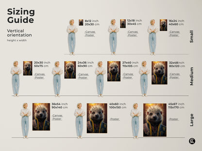 Sizing guide for steampunk hedgehog art. See how this Victorian animal portrait fits in various sizes. A fantastic addition to your study office or living area now.