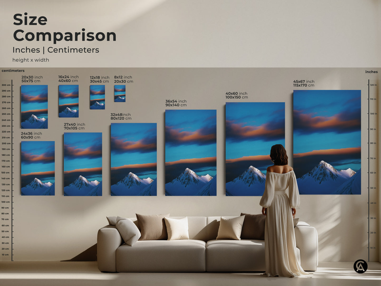 See the size comparison of this snowy mountain canvas art in inches and centimeters. Visualize how each size transforms your living space. Perfect for adding a touch of winter landscape to your home decor. Shop now for contemporary prints.