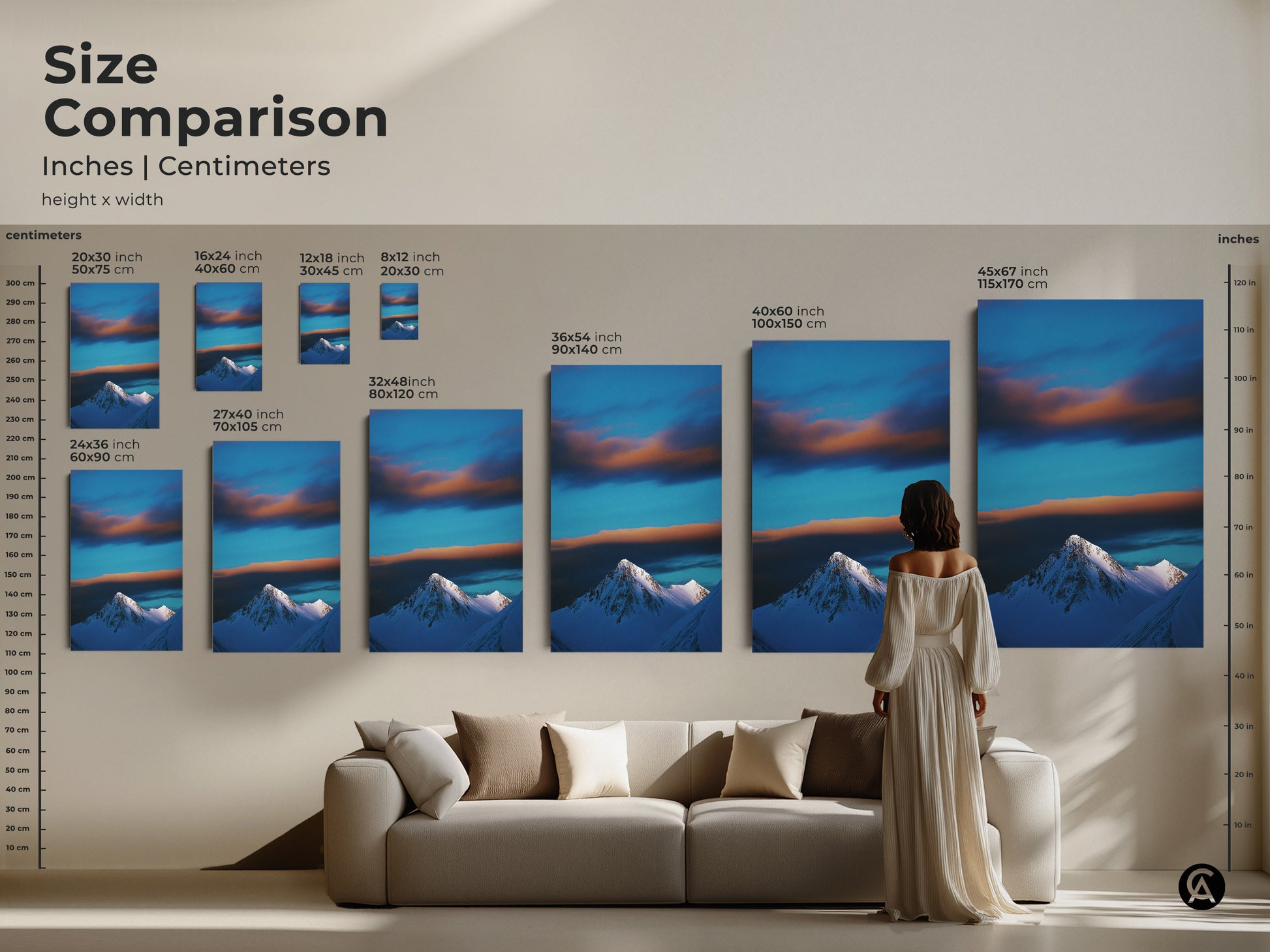 See the size comparison of this snowy mountain canvas art in inches and centimeters. Visualize how each size transforms your living space. Perfect for adding a touch of winter landscape to your home decor. Shop now for contemporary prints.