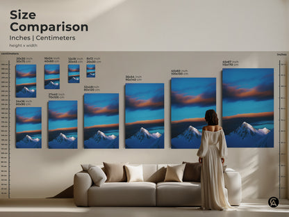 See the size comparison of this snowy mountain canvas art in inches and centimeters. Visualize how each size transforms your living space. Perfect for adding a touch of winter landscape to your home decor. Shop now for contemporary prints.
