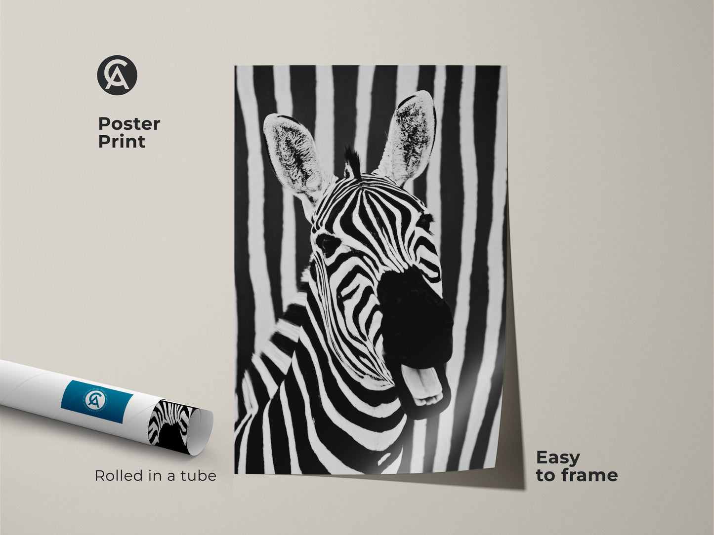 A zebra poster print is rolled in a tube. Easy to frame this black and white zebra art adds a modern touch to any space. This minimalist wildlife decor features bold stripes. A unique animal artwork for your home or office wall.