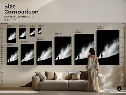 Size comparison of golf art prints in inches and centimeters. See how the artwork fits above a couch. Options include different sizes of canvas and posters. Each features a golfer silhouette in black and white art.