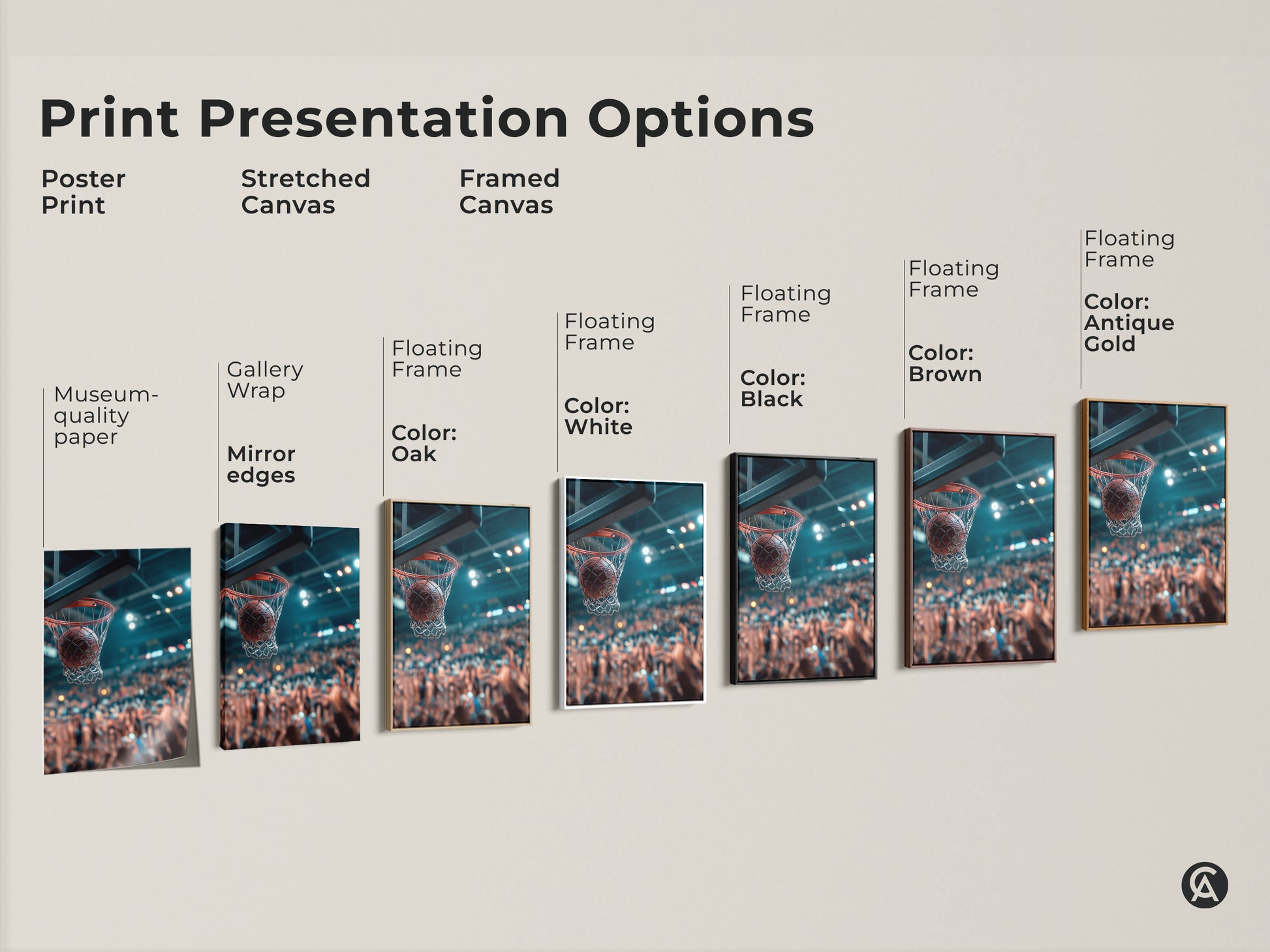 Explore print presentation options for basketball art. Choose from poster prints stretched canvas and framed canvas. Various frame colors available including black brown antique gold oak and white. Find the perfect style for your space.