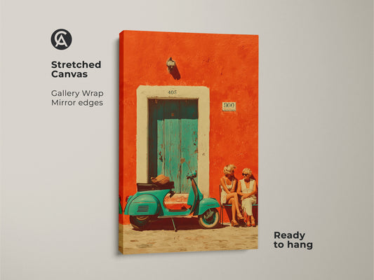 Stretched canvas art showing a retro Italian scooter print with a turquoise Vespa. The gallery wrap with mirrored edges creates a stunning visual. This vintage travel poster wall art adds an eclectic touch to any room. Ready to hang and enjoy.