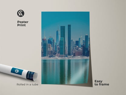 Poster print of a modern blue teal NYC skyline. This cityscape artwork is rolled in a tube for easy framing. The urban waterfront view brings contemporary city art into your space. Ideal for minimalist urban art lovers a perfect housewarming gift.