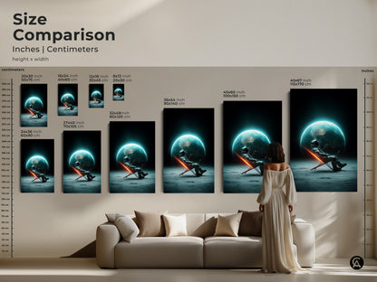 Size comparison of futuristic space art prints. See how the astronaut on moon artwork looks in different dimensions. Perfect for adding deep space wall decor. Choose the ideal size for your cosmic landscape print and enhance your living space.