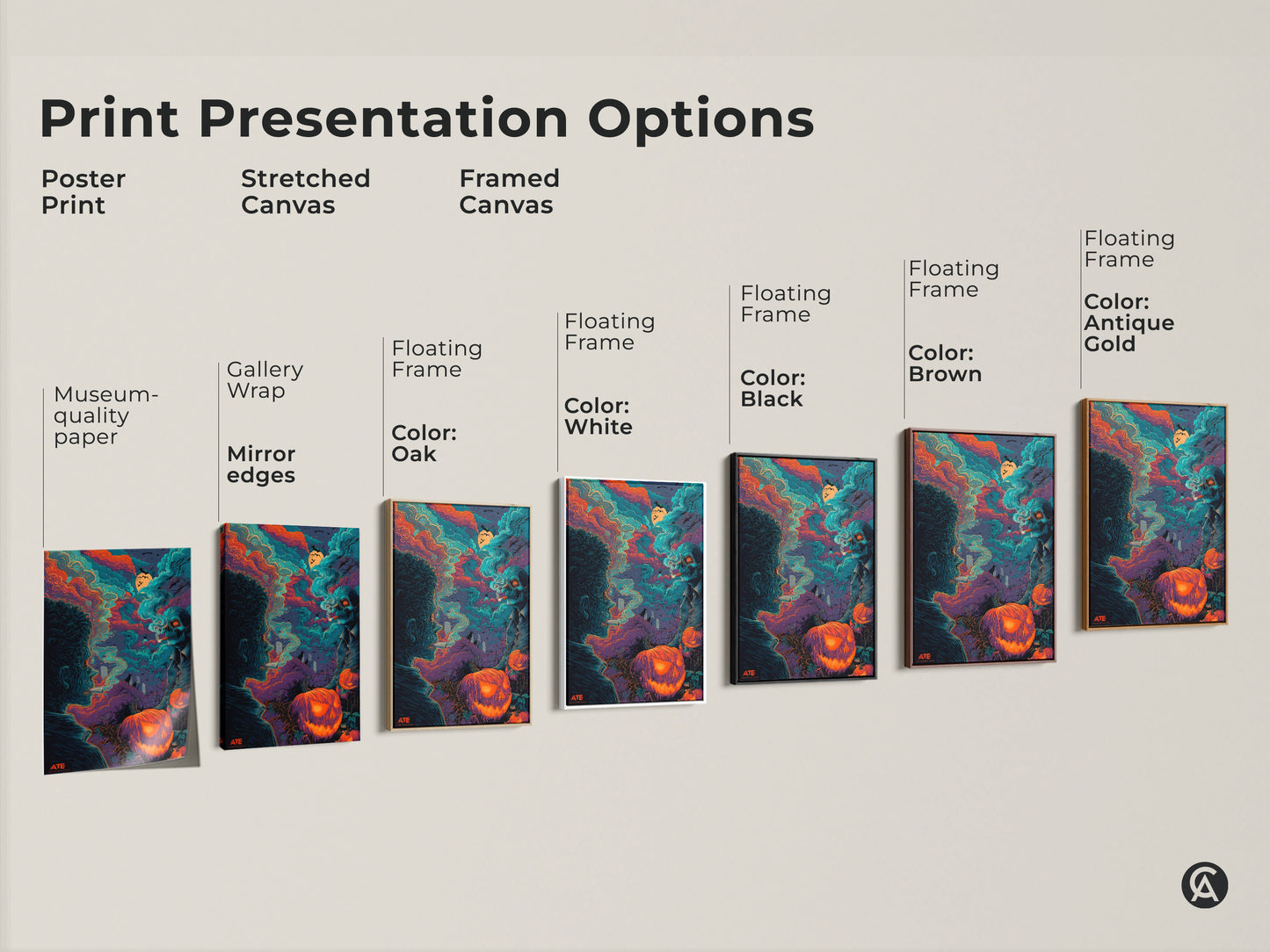Print presentation options for Halloween artwork. This canvas art is available as a poster print or a stretched or framed canvas. Floating frames are oak black brown or antique gold. Museum quality paper.