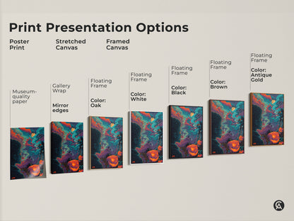 Print presentation options for Halloween artwork. This canvas art is available as a poster print or a stretched or framed canvas. Floating frames are oak black brown or antique gold. Museum quality paper.
