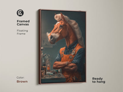 Framed canvas featuring a surreal horseman portrait with a brown floating frame. This artistic representation of a horse adds an eclectic vibe to an office or study. A unique gift idea for friends who love imaginative animal artwork.