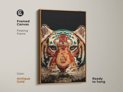 Framed canvas showcasing abstract tiger face art with an antique gold floating frame. This ready to hang geometric wildlife print features orange gold and teal hues for a unique look.