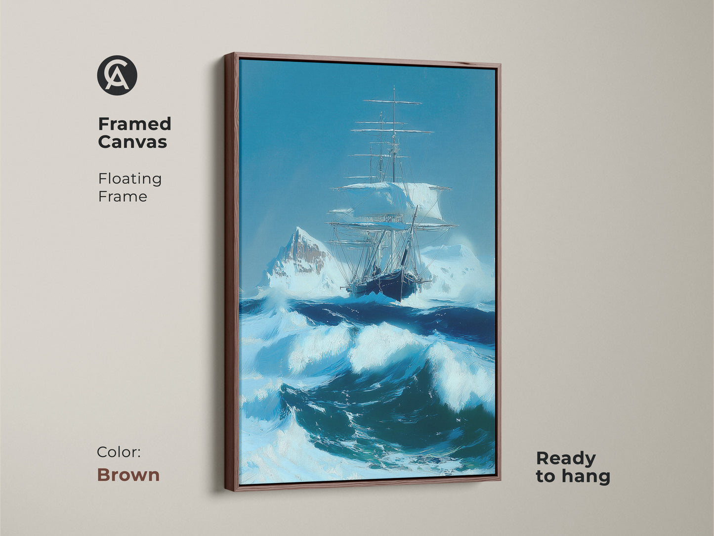 Framed canvas showing a tall ship in a stormy ocean. The nautical art print features an iceberg and maritime adventure. The brown floating frame enhances this blue seascape painting. Ideal wall decor for a study or home office. Ready to hang.