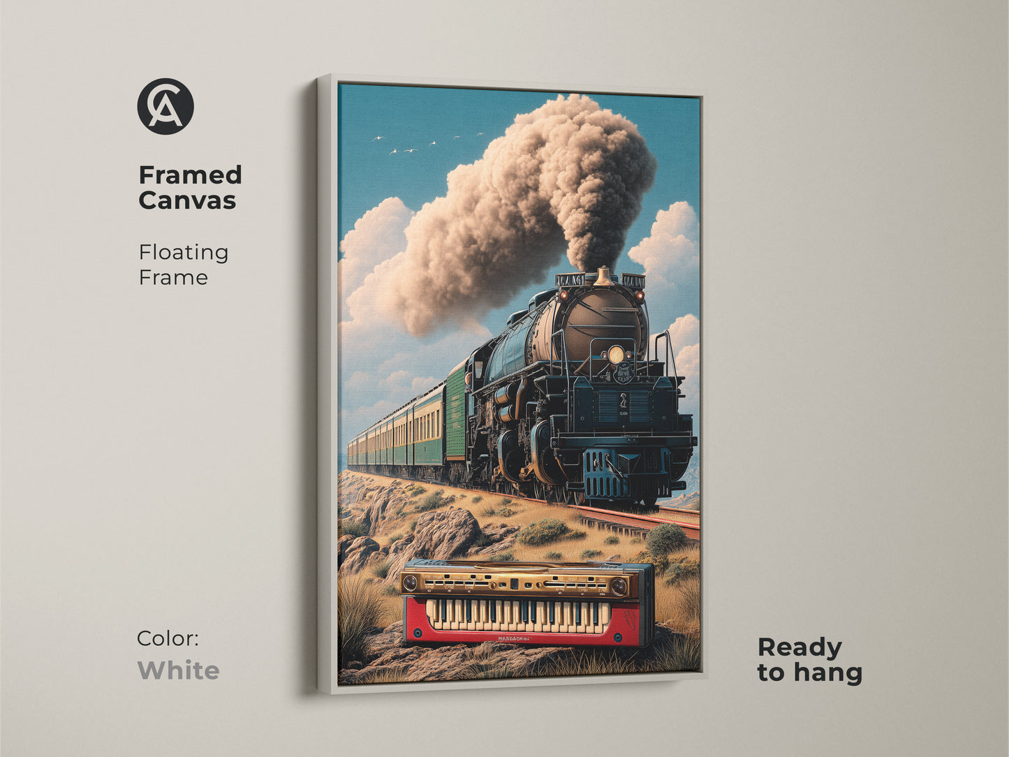 White framed canvas showcases a surreal steam train artwork. Retro locomotive with a keyboard blends transport music and eclectic wall art. Ready to hang. Perfect for study room office or home decor. Ideal gift for music and train lovers. This unique canvas print adds charm.