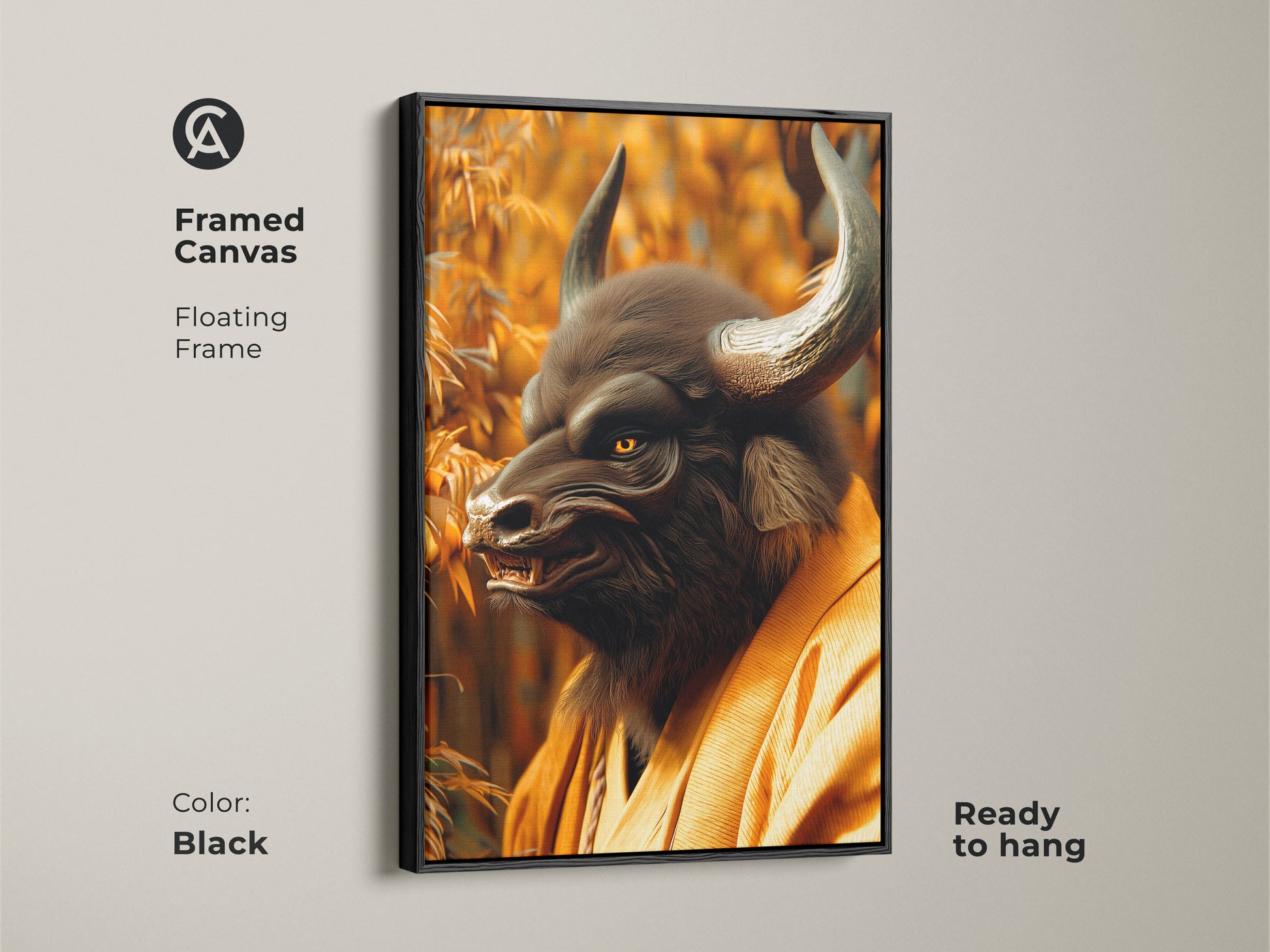 Framed canvas artwork showcasing a Minotaur Samurai in a bamboo forest with a black floating frame. The striking contrast of the black frame enhances the artwork's bold details. Ready to hang this piece brings mythical warrior energy to any room. The intense Minotaur art captures attention.