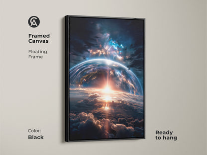 Framed canvas artwork featuring an earthrise with a black floating frame. This ready-to-hang piece adds sophistication to any room. The celestial scene captures the beauty of space. Enhance your home decor with this captivating artwork.
